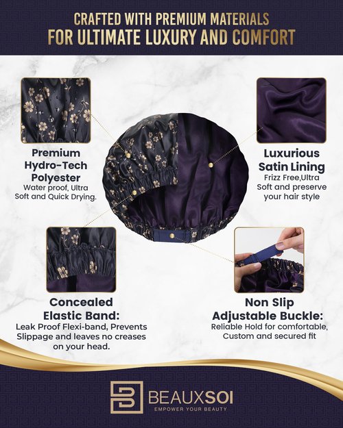 Luxury Reusable Shower Cap for Women - Satin Lined, Adjustable & Waterproof - Keeps Hair Dry- Durable Hair Bonnet by BEAUXSOI (Fleur de Nuit) - Floral design