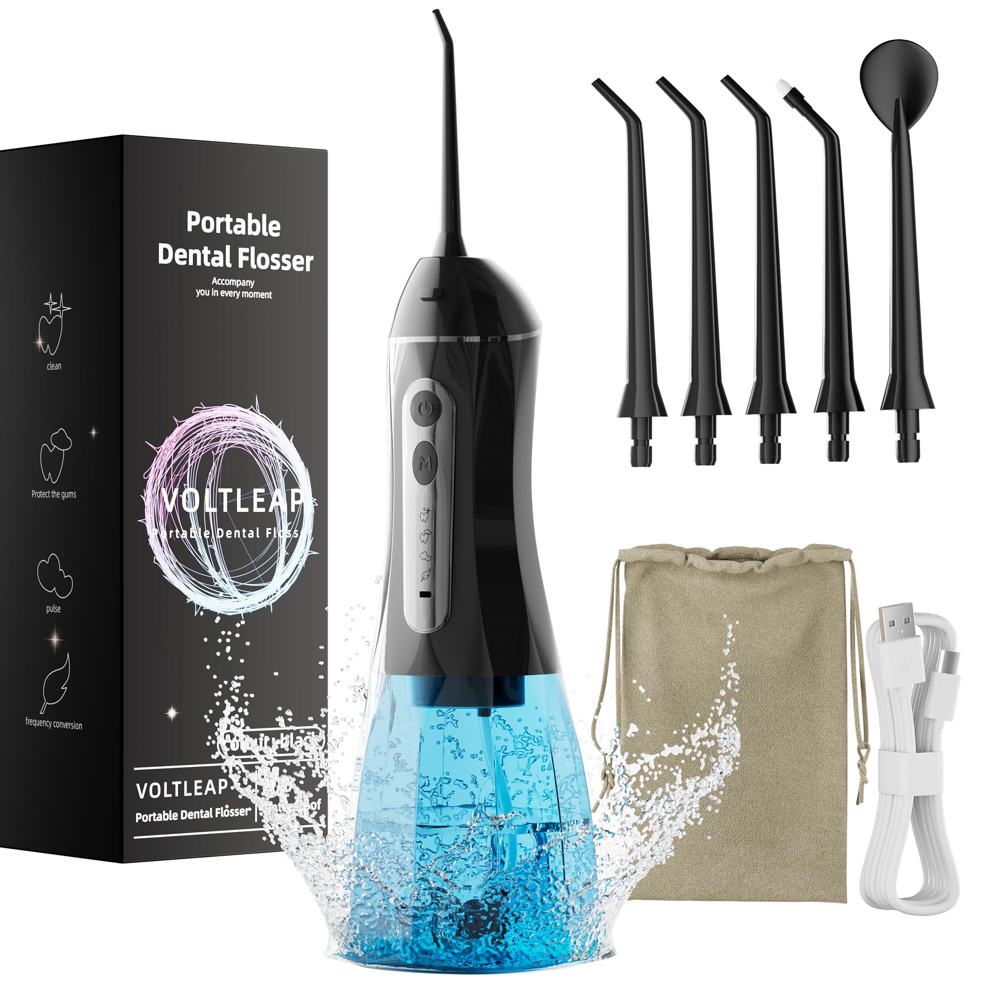 Water Flossers for Teeth, Electric Floss for Adults, Water Dental Picks for Teeth Cleaning and Flossing, Portable Flossers for Travel Size, Travel Bag and 4 Tips, IPX7 Waterproof - Black