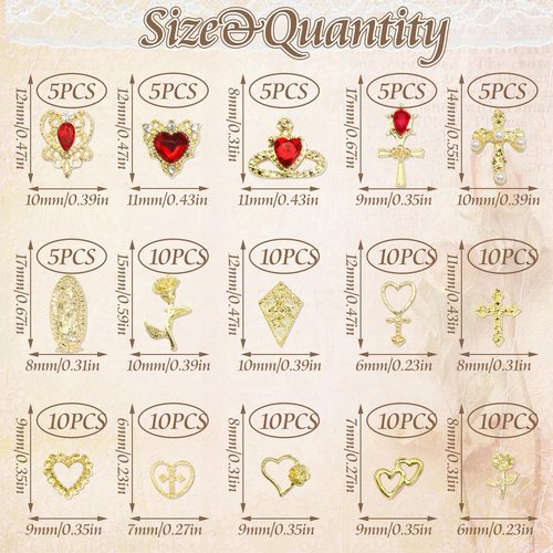 RODAKY 120PCS Gold Nail Charms Cross Nail Art Jewelry 3D Heart Crystal Rhinestone Rose Charms for Nails Virgin Mary Metal Nail Gems Luxury Nail Decoration Diamonds for Manicure Design Craft DIY