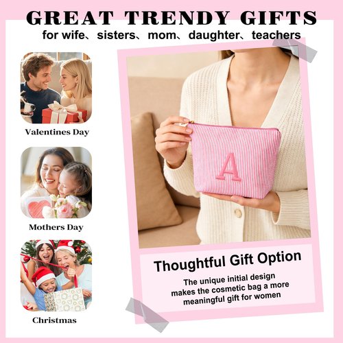 Fohufo Easter Basket Stuffers for Teens Girls - Initial Travel Makeup Bag for Girls, Teen Girl Gifts Trendy Basket Stuff, Easter Gifts for Teens Girls Women, Pink Make up Bag -Letter A