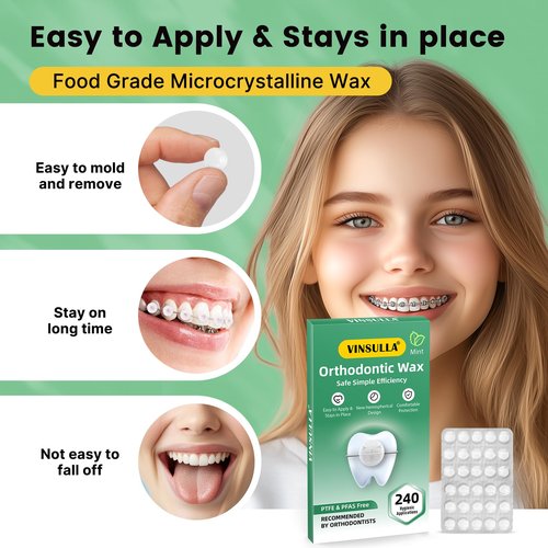 Orthodontic Wax for Braces - 240 Dots, Individually Wrapped Dental Wax, Relieves Pain from Braces & Other Orthodontic Appliances, Mint
