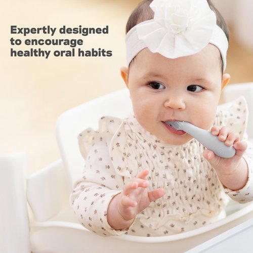 ezpz Baby-Led Toothbrush (Sage) - 3 Months + - 100% Silicone Infant Toothbrush with Sensory Bumps - Cleans Gums + New Teeth - Improves Hand-to-Mouth Coordination, Self-Feeding Skills