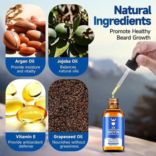 Skiennix Beard Growth Oil - 2X Biotin Concentration for Men (2 oz) - Natural Argan & Jojoba Oil, Sandalwood Scent