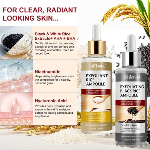 Black Rice Exfoliant and White Rice Ampoule Exfoliant, Peel Shot Glow Exfoliating Face Serum, Korean Skin Care Soft Exfoliating Body Scrub Dead Skin Cells, Blackheads Remover For All Skin Types 100ml