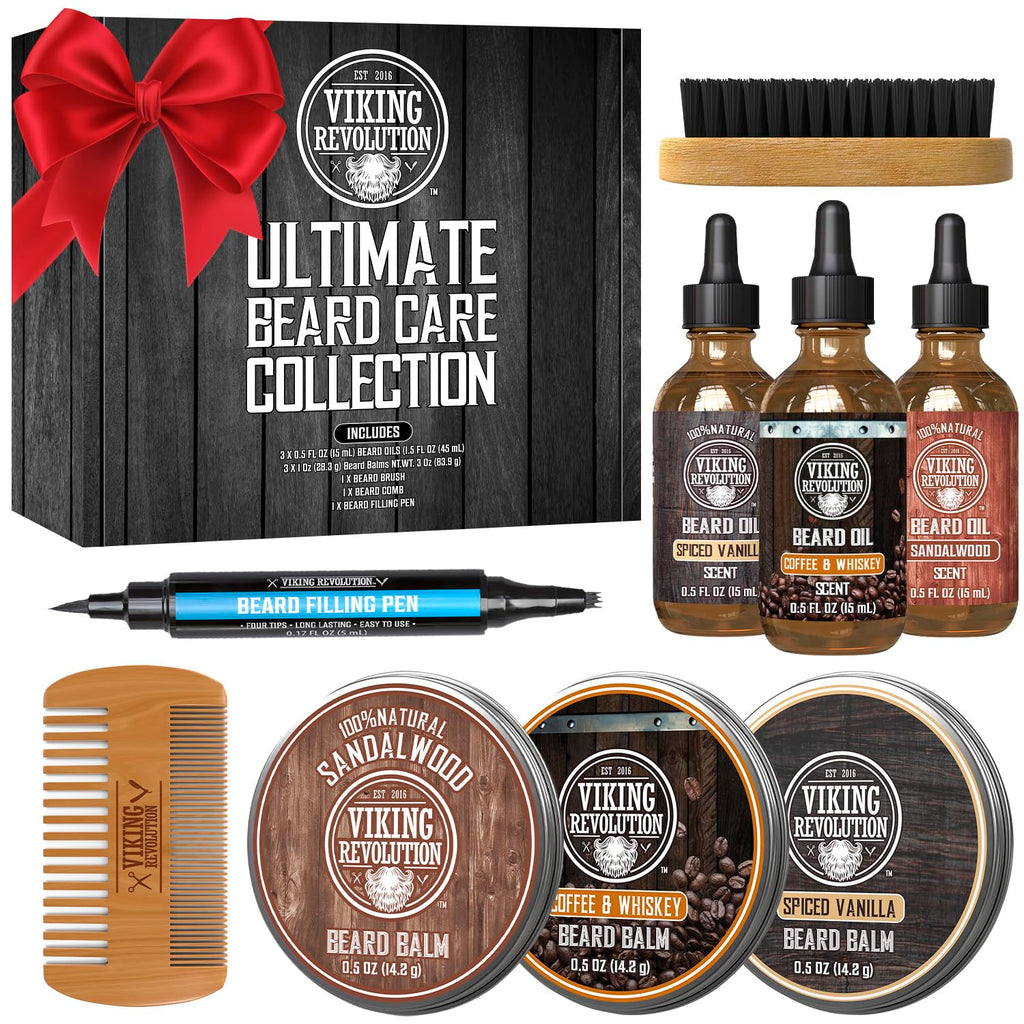 Viking Revolution Ultimate Beard Care Collection - Gifts for Men Includes Oil, Balm, Brush, Comb and Pen - Beard Kit for Men with Sandalwood, Spiced Vanilla, Coffee Whiskey, Sweet Tobacco