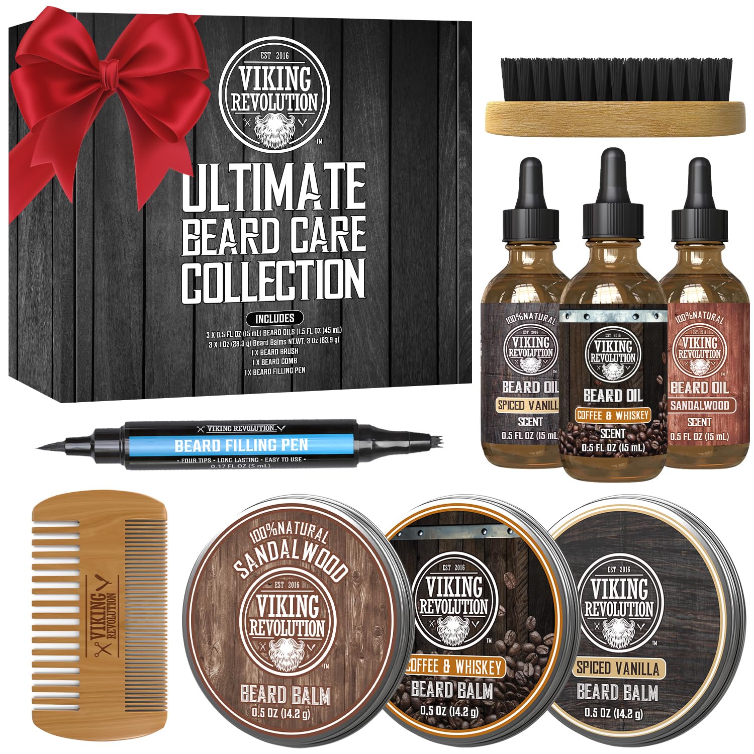 Viking Revolution Ultimate Beard Care Collection - Gifts for Men Includes Oil, Balm, Brush, Comb and Pen - Beard Kit for Men with Sandalwood, Spiced Vanilla, Coffee Whiskey, Sweet Tobacco