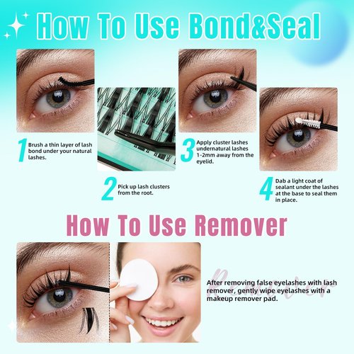 Manga Lash Clusters Kit 144PCS Fairy Eyelash Extension Kit with Lash Bond and Seal, Fake Eyelashes Clusters with Invisible Lash Band, Lash Glue Remover and Lash Applicators (8-16mm Kit,Black Bond)