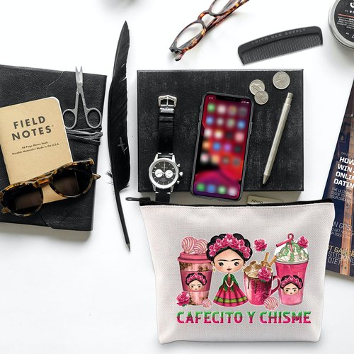 TOBGBE Funny Cafecito Y Chisme Mexican Coffee Cups Makeup Bag Mexican Concha Pun Gift Mexican Themed Bag Mexican Women Gift (Cafecito Bag)