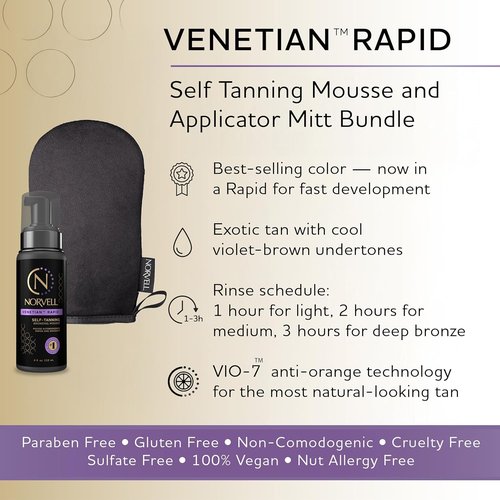 Norvell Venetian Rapid Self Tanning Set - 4 Fl Oz Mousse with Bronzer & Reusable Applicator Mitt for Streak-Free Glow