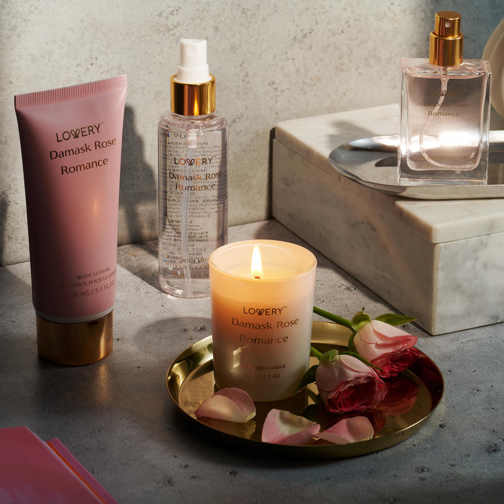 Womens Gift, Birthday Gifts for Mom, Self Care Gifts for Women, Damask Rose Romance Spa Kit with Soy Candle, Perfume Roll On, Body Lotion, Body Mist & Eau de Parfum - Bath & Body Care Set