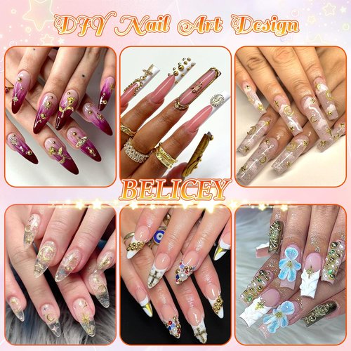 BELICEY 3D Nail Charms Mix Gold Star Moon Sun Charms for Nails Gold Flatback Nail Pearls Nail Charms Gems Pearls for Nails Jewelry for DIY Nail Art Supply Accessories Crafts with Tweezer Picker Pen