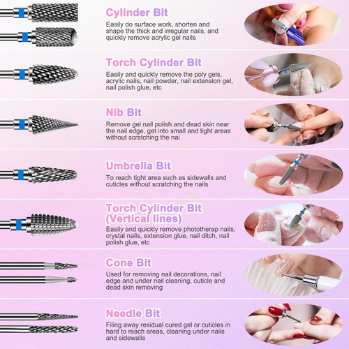 CGBE Nail Drill Bits Set: 10PCS Tungsten Carbide Nail Drill Bits for Acrylic Nails, 3/32'' Shank Professional Nail Bits for Nail Drill Cuticle Drill Bit for Home Salon Nail Enthusiasts Manicurist