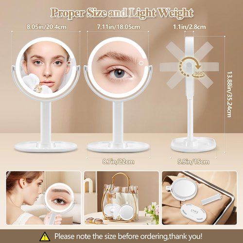 MOMOKUBA Makeup Mirror with Lights, Double Sided 1x/20x Magnifying Mirror with Light, Rechargeable 3 Color Lights and Adjustable Brightness, 360° Rotation Detachable Comes with Tweezer(White)