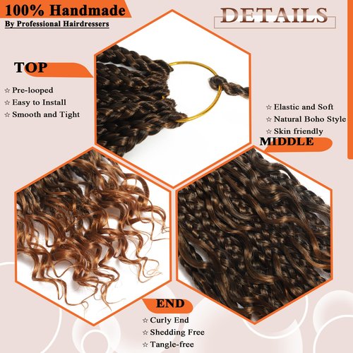 Flagship 9 Packs Goddess Box Braids, 14 Inch Ombre Pre-looped Crochet Braids with Curly Ends, Bohemian Curly Hippie Box Braids - T30
