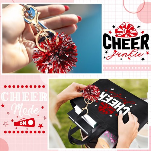 Landical 72 Pcs Red Cheerleading Gifts 24 Cheer Bags Portable 24 Pom Pom Keychain 24 Cheerleading Bracelet Canvas Makeup Bag Bulk Cheer Gifts Female Teammates Toiletries Accessories