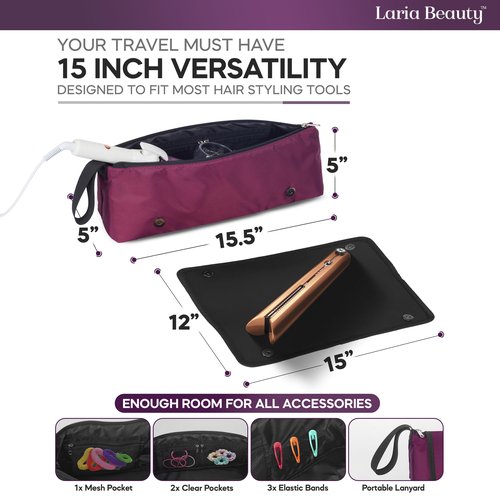 2-in-1 Hot Hair Tools Travel Bag, Removable Heat-Resistant Silicone Mat, Clear Pockets for Accessories, Protects Surfaces from Burns, Ideal for Curling & Flat Irons, Includes Heat-Resistant Glove