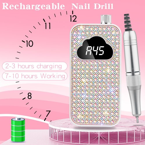 Professional Electric Nail Drill Machine, 45000RPM Nail File Acrylic Nail Kit with 6 Nail Drill Bits, Cordless E-File Nail Kits for Acrylic Nails Gel Polishing for Manicure Salon Home