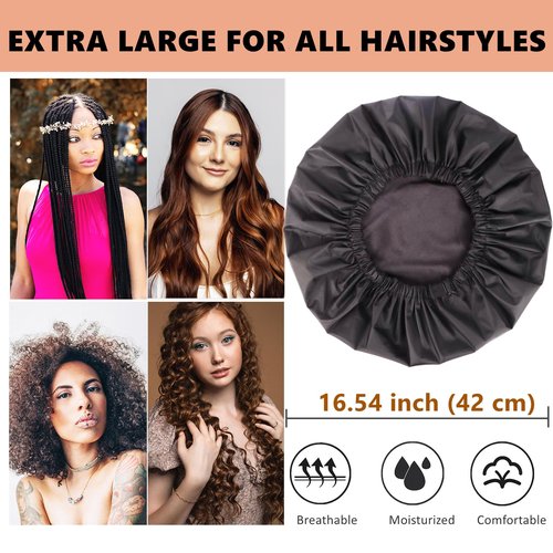 Adjustable Shower Caps for Women Reusable Waterproof Satin Lining Extra Large Shower Cap for Women and Men Long Hair Braids Curly Hair (Xl,Black)