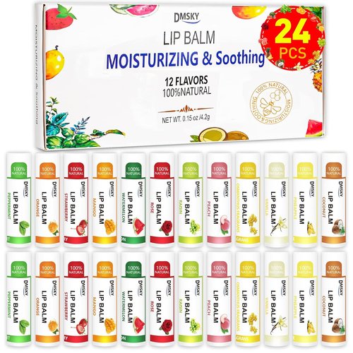 DMSKY Lip Balm Bulk Pack - Moisturizing Coconut Oil & Vitamin E for Dry Lips | 24 Natural Flavors