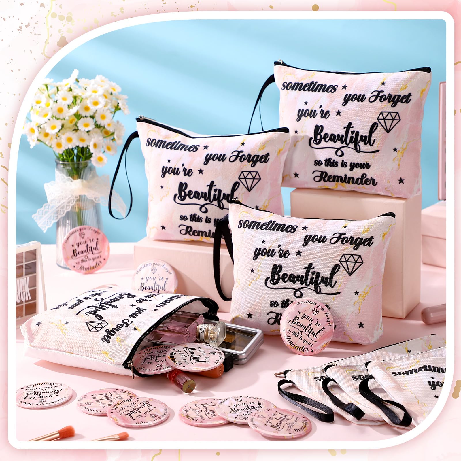 Xuniea 24 Pcs Employee Appreciation Gifts for Women 12 Motivation Canvas Makeup Bags 12 Pocket Mirror Inspirational Thank You Gifts for Women History Social Worker Month Nurse Team(Beautiful)