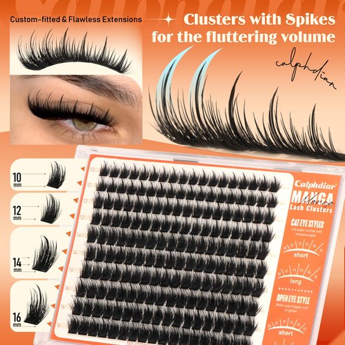 Calphdiar Manga Lash Clusters Wispy Eyelash Clusters Spiky Fluffy Volume Cluster Eyelash Extensions 10 12 14 16mm Weightless Cluster Lashes Long Lasting Individual Lashes DIY Cat Eye Open Eye Looks