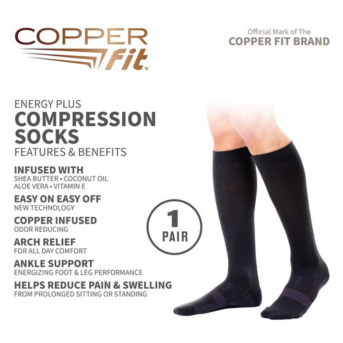 Copper Fit unisex adult Moisturizing Energy Plus Easy On Easy Off Knee High Compression Socks, Black, Small-Medium US (Pack of 2)