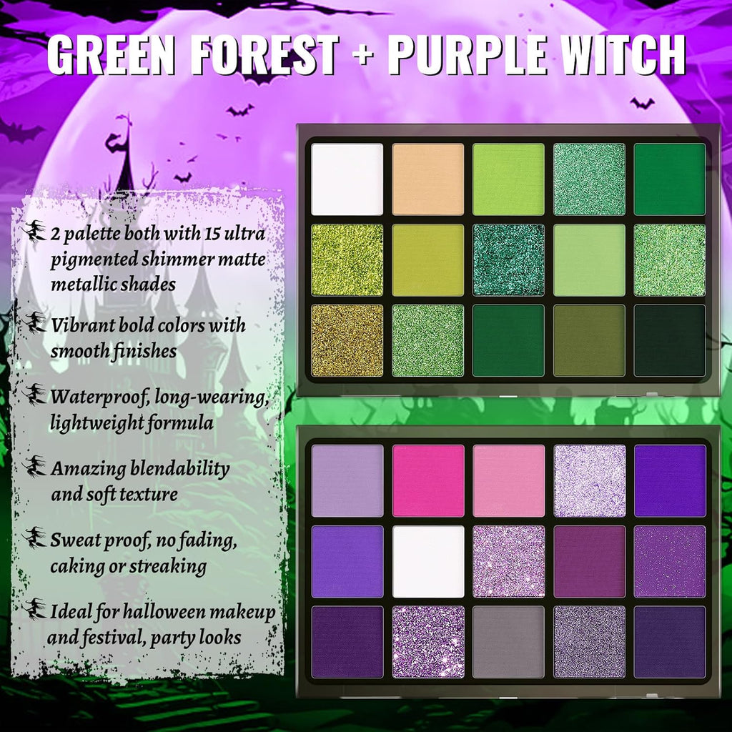 UCANBE Eyeshadow Palette Set - 2pcs Green & Purple Shimmer Matte Metallic Colors | Eye Makeup Kit for Halloween Cosplay
