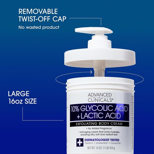 Advanced Clinicals 10% Glycolic Acid Exfoliating Lotion - Moisturizing Cream with Hyaluronic Acid | 16 Oz for Smooth, Even Skin Texture