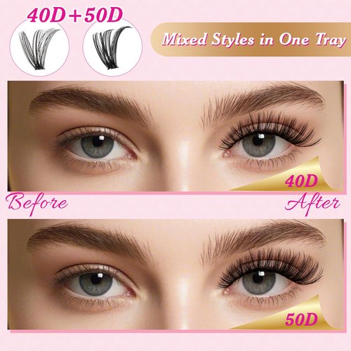 NYCAAR DIY Lash Extension Kit 280Pcs Individual Eyelash Extension Kit 40D50D 0.07D Curl 9-16MIX Lash Clusters Kit with Lash Glue Remover Applicator Easy to Use for Beginners