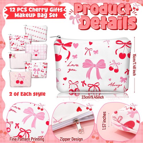 Kacctyen 12 Pcs Pink Cherry Bow Coquette Makeup Bag Cute Bow Canvas Cosmetic Bag International Womens Day Gifts for Women Girl with Zipper Aesthetic Travel Pouch Birthday Party Favor