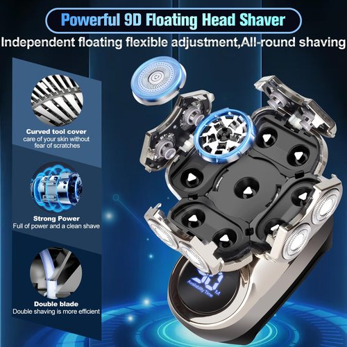 9D Head Shavers for Bald Men, Electric Razor for Men to Shave Fast with LED Display, Cordless Rechargeable, IPX7 Waterproof Wet/Dry Rotary Shaver Kit with Nose Hair Trimmer Shaver, Gift for Mens