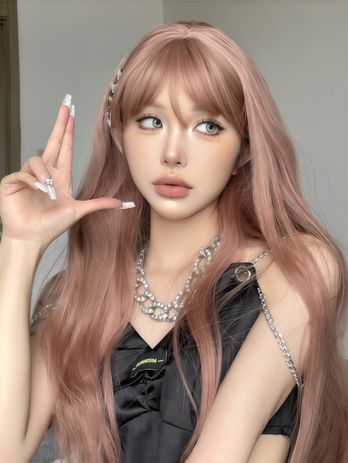 Aadesso peach beige color 65cm medium-length Wavy wigs for Daily Wear Heat Resistant Synthetic Matte wig with Realistic Simulation Scalp Middle Part with wig cap