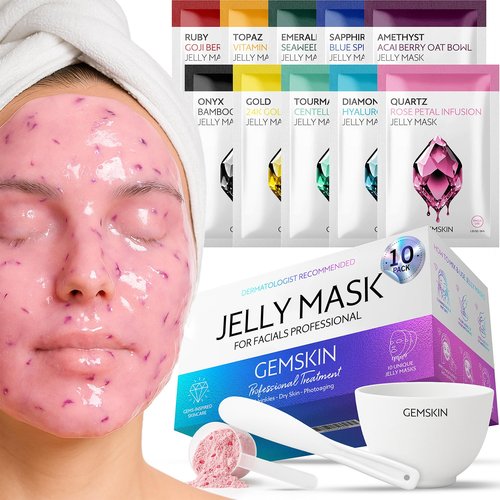 GEMSKIN Jelly Mask for Facials Peel-Off - 10 Set Pack Modeling Rubber Mask Multipack - Hydrating & Calming Jelly Face Mask Powder Variety Spa Kit - Bowl Scoop & Spatula Bundle - Professional Skincare