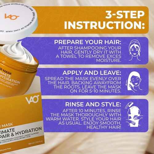 VAO Deep Conditioning Hair Mask - Hydrating Treatment with Argan Oil & Shea Butter for Damaged Hair