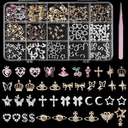 154 Pcs Alloy Star Cross Nail Gems Charms, Silver Gold Bow Crown Butterfly Cross Bow Nail Charms 3D Cherry Planet Heart Nail Jewelry Charms, Nail Rhinestones Gems Charms for Nail Art DIY Decoration