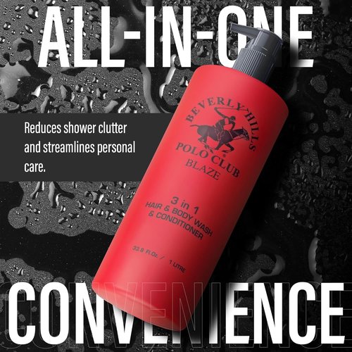 Beverly Hills Polo Club Men's 3-in-1 Shampoo, Conditioner & Body Wash - Blaze Scent | 33.8 fl oz Premium Freshness