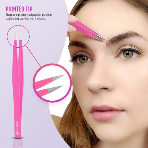 Alfaly Tweezers Set - Professional Stainless Steel 5-Piece Precision Tweezer for Men & Women - Great for Facial Hair Removal, Eyebrow Shaping, Splinters & Ingrown (Pink)