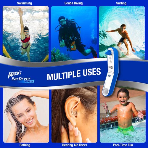 Mack's Ear Dryer PRO Rechargeable Warm Air Ear Water Drying Aid with Red Light Therapy and 3 Power Levels for Swimmers' Ears, Showering, Water Sports, Surfing, Scuba, and Hearing Aids