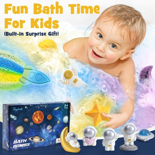 Toylink Space Bath Bombs for Kids with Surprise Inside, 8 Pack Kids Galaxy Bath Bombs with Space Toys for Toddler Boys Girls Handemade Rainbow Bubble Bath Fizzies Birthday Christmas Gift Set