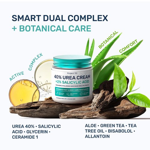 PROJECT 701 Urea Cream 40 Percent for Feet Maximum Strength, Callus Remover Foot Cream, Dry Cracked Heels Exfoliating Lotion with Salicylic Acid, Ceramides, Tea Tree Oil – Women and Men, 4.3 oz