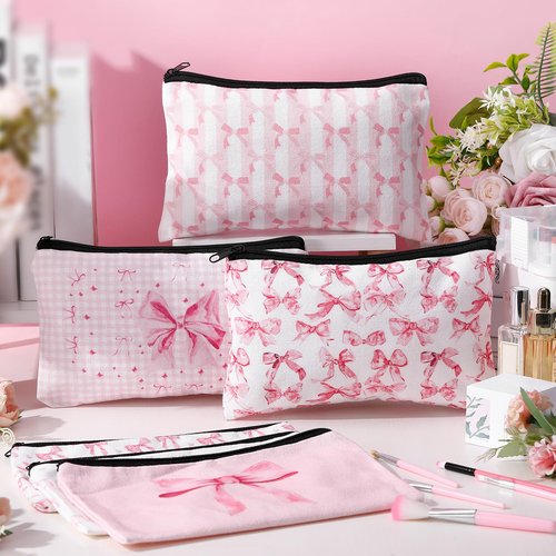Kacctyen 9 Pcs Pink Bow Makeup Bag for Women Coquette Cosmetic Bag Bulk Preppy Pouch Coquette Gift with Zipper for Birthday Paty Favor Girls Travel Storage Accessories