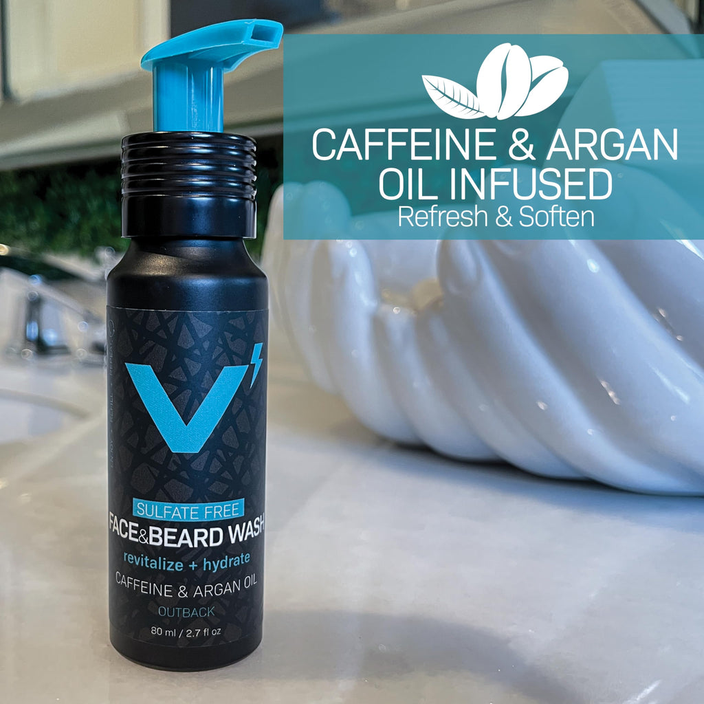 VOLT Face & Beard Wash for Men, Sulfate Free Cleanser with Shea Butter, Argan Oil & Caffeine, Plant Based, Hydrating & Conditioning, Outback Sandalwood Scent, Refillable Aluminum Bottle, 5 Oz Bottle