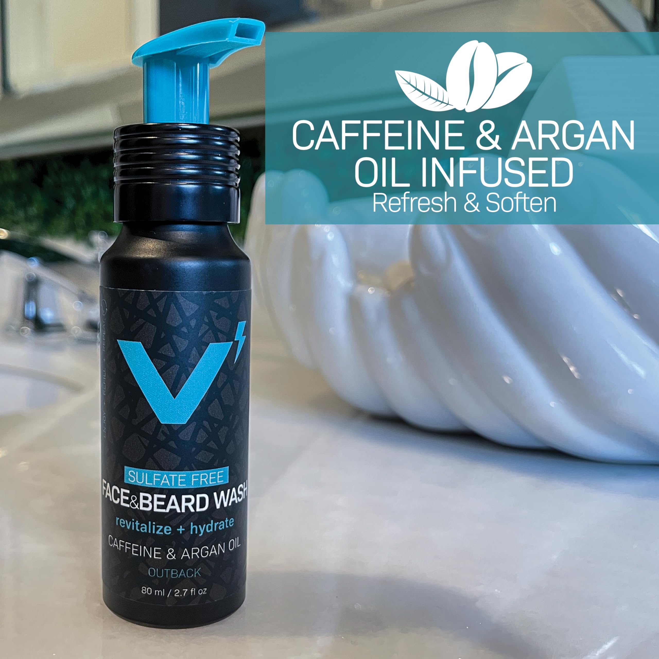 VOLT Face & Beard Wash for Men, Sulfate Free Cleanser with Shea Butter, Argan Oil & Caffeine, Plant Based, Hydrating & Conditioning, Outback Sandalwood Scent, Refillable Aluminum Bottle, 5 Oz Bottle