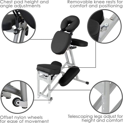 STRONGLITE Portable Massage Chair Ergo Pro II - Ultra-Strong, Lightweight & Foldable Spa Chair with Wheels | Black (600lbs Capacity)