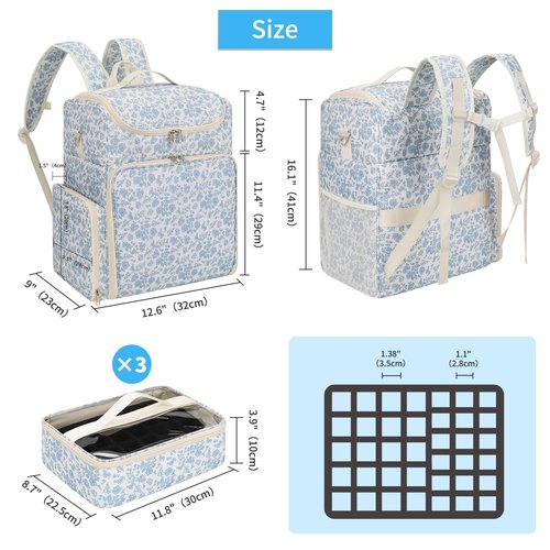 Extra Large Nail Polish Organizer Backpack, Holds 124+ Bottles & Full Size Lamp, Travel Nail Organizers and Storage Bag with 3 Removable Pouches, Portable Nail Supplies Case (Floral Blue, 124 Slots)