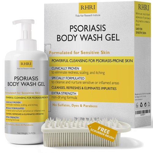Body Wash | Psoriasis Treatment For Skin | Psoriasis Body Gel | Foaming Cleanser For Dry, Itchy, Red, Flaky, Scaly Skin w/Scrubber