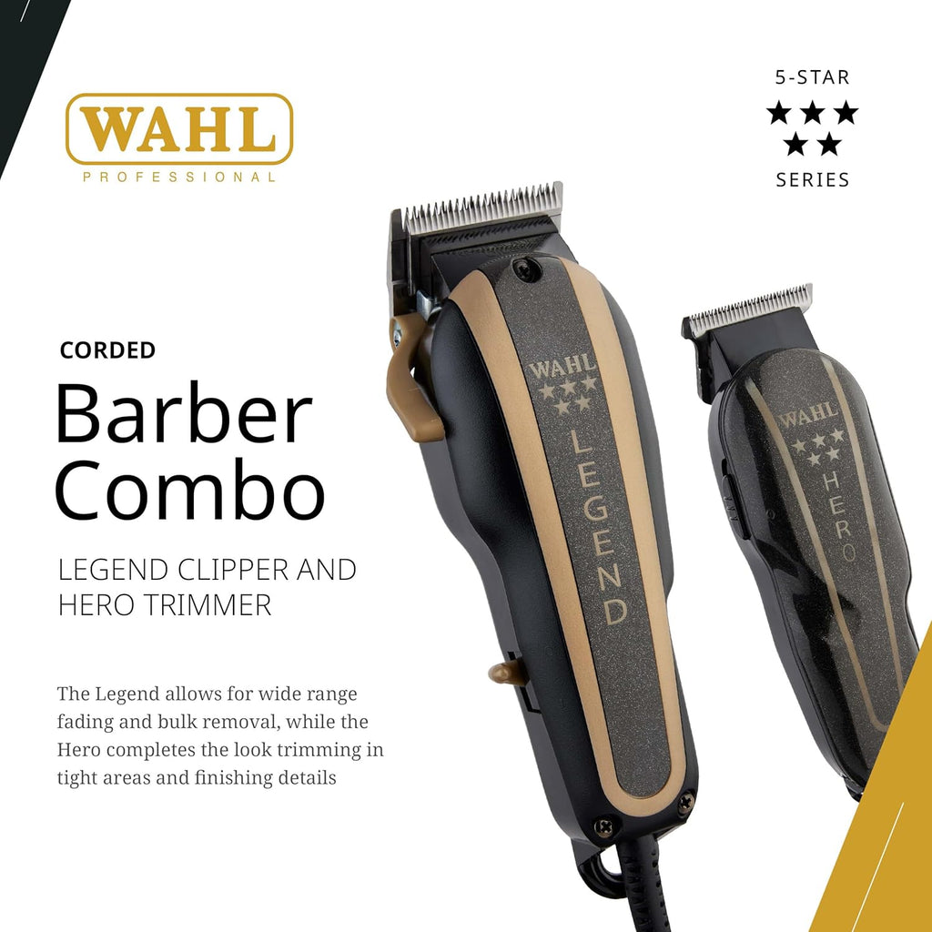 Wahl Professional 5-Star Barber Combo - Corded Legend Clipper & Hero T-Blade Trimmer Set | Black/Gold Finish