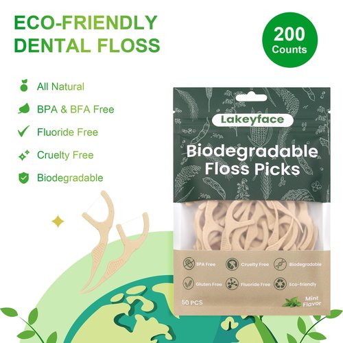 200 Count Biodegradable Dental Floss Picks, Eco Friendly Plant-Based Tooth Flossers for adults, Tear-Resistant Floss Sticks with Wide Handles, Vegan & BPA Free Dental Floss for Natural Oral Care, Mint