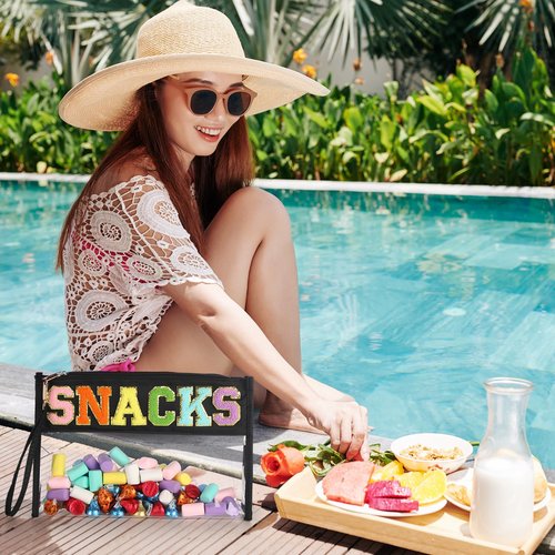 Remerry Clear Chenille Letter Makeup Bag Stand up Snack Bags Preppy Cosmetic Pouch Expandable Clear Travel with Wrist Strap Zipper Portable Multipurpose PVC Nylon for Women Travel(Black,Snack)