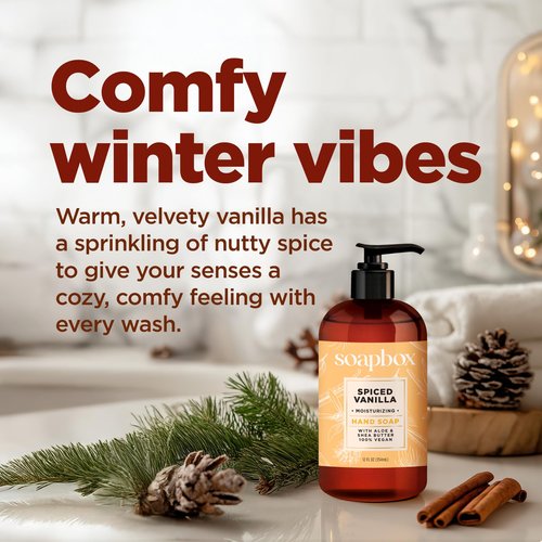 Soapbox Winter Hand Soaps, Spiced Vanilla & Frosted Pomegranate Liquid Hand Soap, Moisturizing Soap, Shea Butter & Aloe, Pack of 4, 12oz